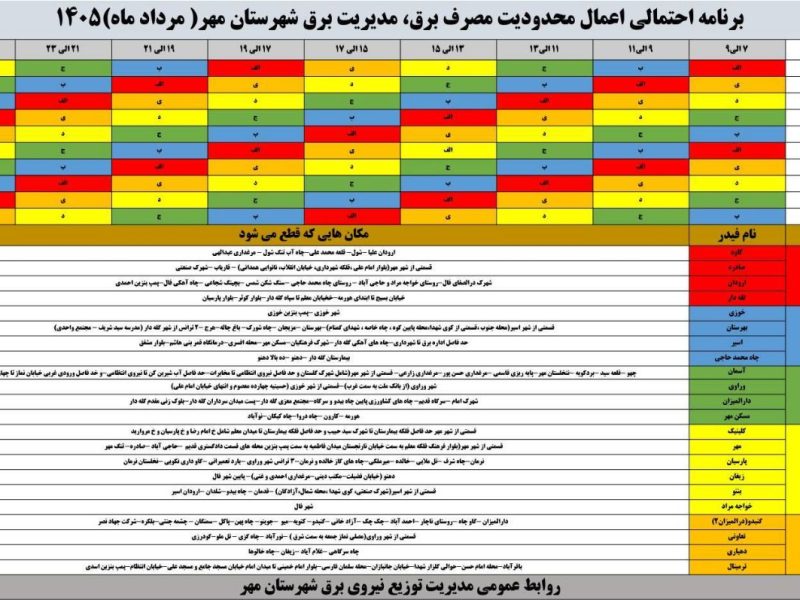 برنامه خاموشی مرداد ماه شهرستان مُهر